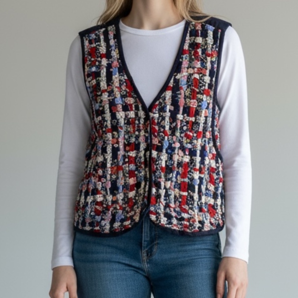 Vintage 90s Paul Harris Design Quilted Vest Size Large Boho Top Floral Patchwork